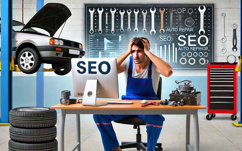 Frustrated mechanic struggles with auto repair SEO