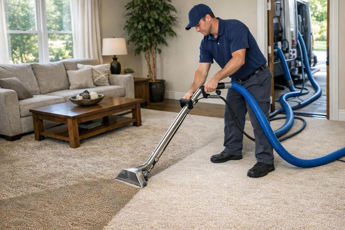 Professional carpet cleaning technician using truck-mounted extraction in a home relevant to carpet cleaning statistics