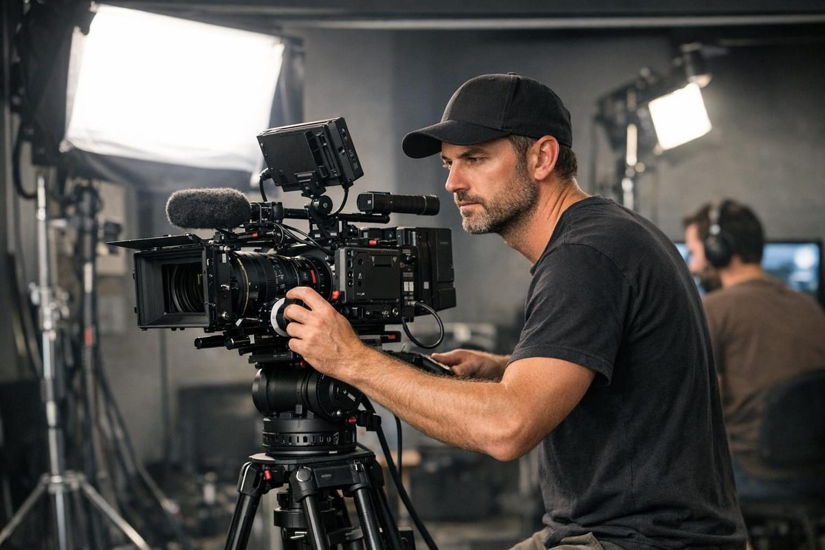 Professional videographer operating a cinema camera during a commercial video production shoot