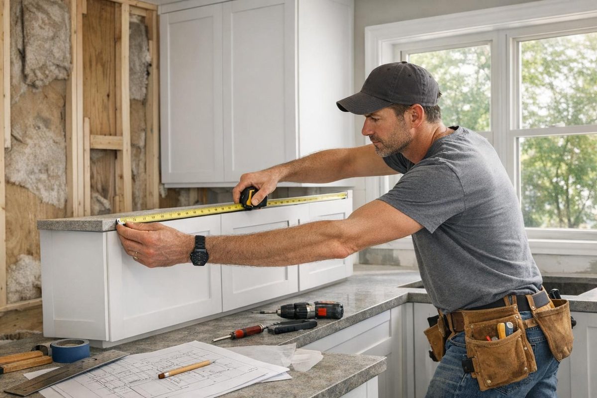 Contractor measuring cabinets during a modern kitchen remodeling project in a suburban home