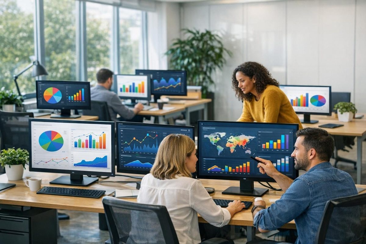 Digital marketing strategy team reviewing analytics dashboards in a collaborative workspace