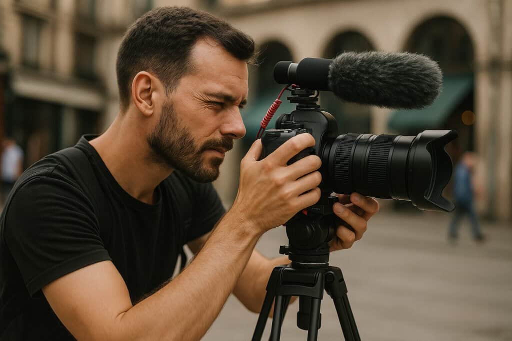 video production marketing setup with camera on tripod for outdoor shoot